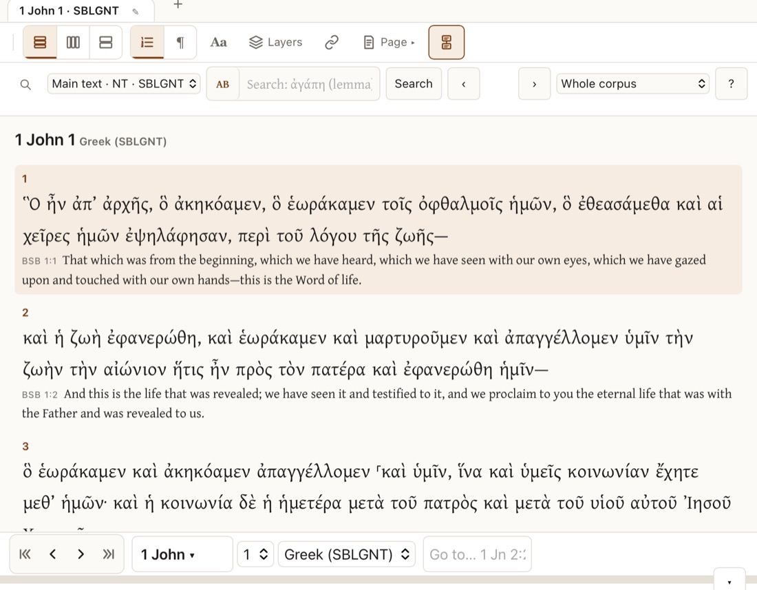Hermeneus on the iPad: 1 John 1 in Greek with the BSB under each verse, the reading toolbar and the tool panel tabs Word, Verse, Study, Lexicons and Search.