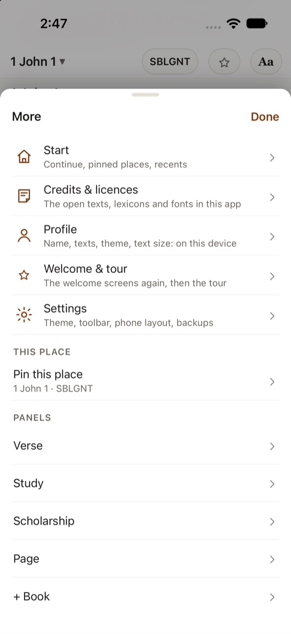 The iPhone’s More menu: Start, Credits and licences, Profile, Welcome and tour, Settings, Pin this place, and the Verse and Study panels.