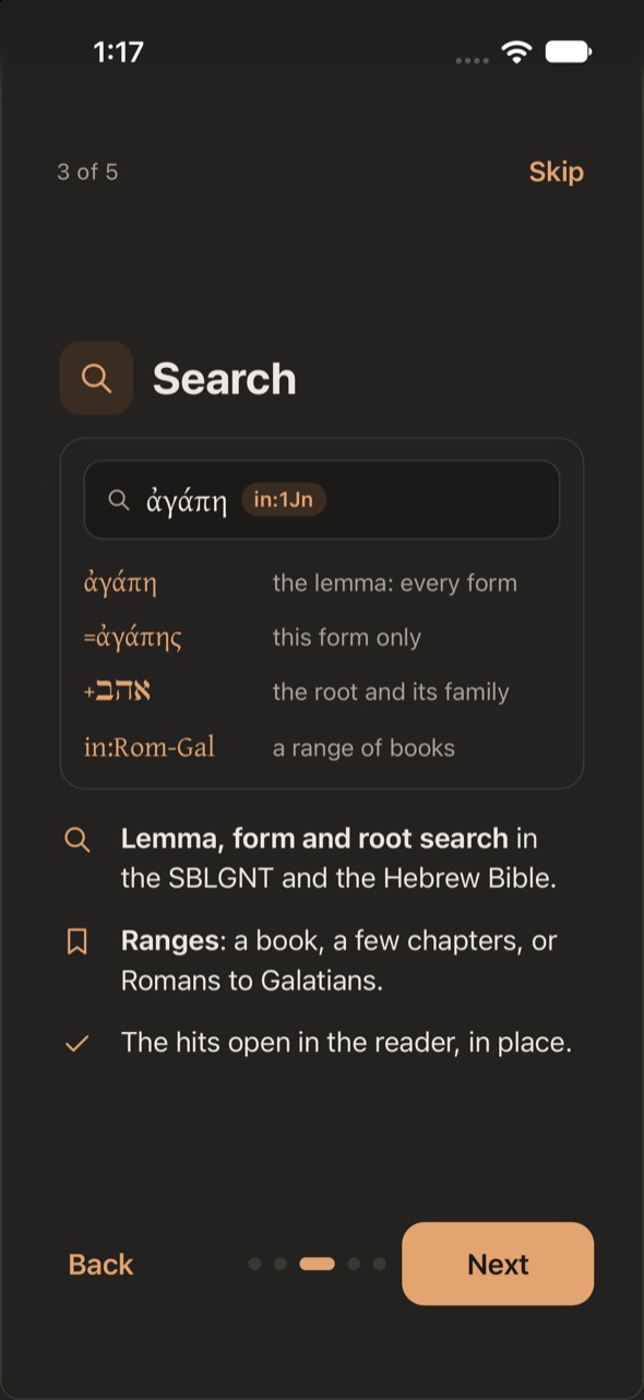 The Search screen of the welcome tour on the iPhone in dark mode, showing lemma, form, root and range searches.